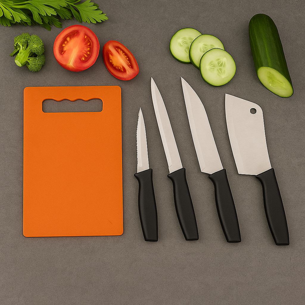 CutMaster Pro Stainless Steel Knife Set (5-Piece) with Plastic Chopping Board | Kitchen Cutting Tools for Fruits, Vegetables & Meat.
