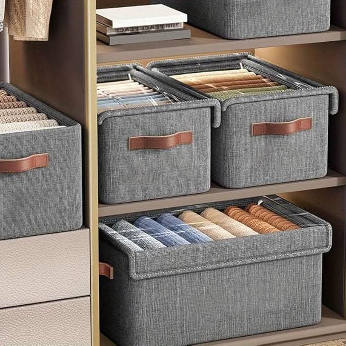 FoldStack Pro  Large Clear Collapsible Stackable Storage Boxes with Lid | Foldable Fabric Linen Closet Organizer Cubes for Home & Office.