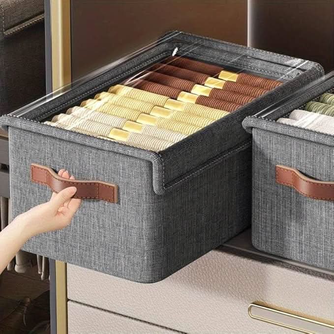 FoldStack Pro  Large Clear Collapsible Stackable Storage Boxes with Lid | Foldable Fabric Linen Closet Organizer Cubes for Home & Office.