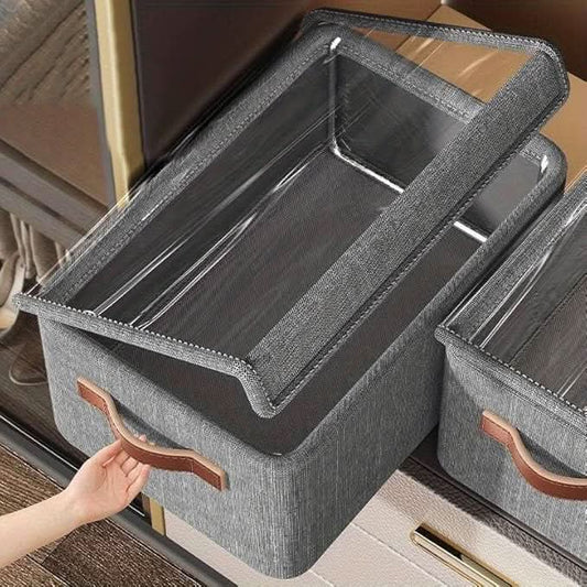 FoldStack Pro  Large Clear Collapsible Stackable Storage Boxes with Lid | Foldable Fabric Linen Closet Organizer Cubes for Home & Office.