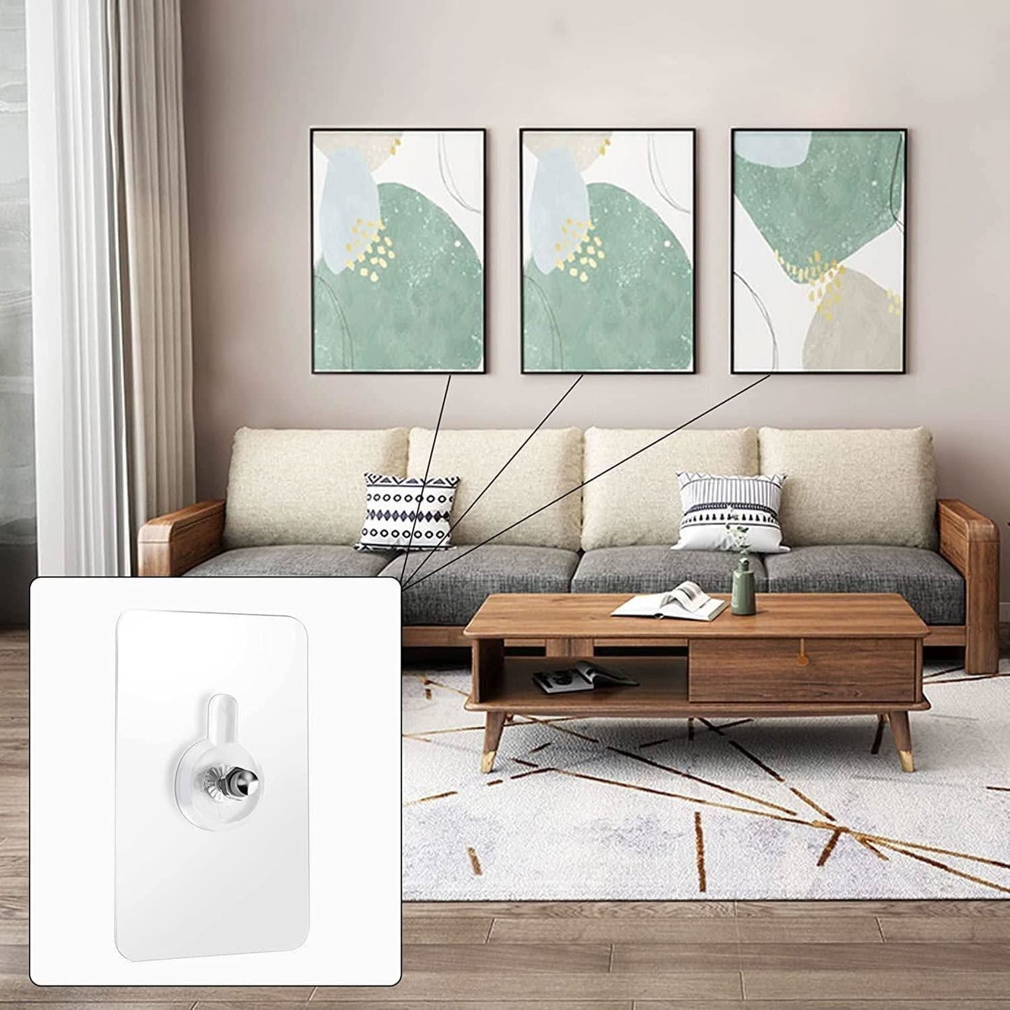 Heavy duty self-adhesive hooks for secure and durable hanging solutions in home and office settings.