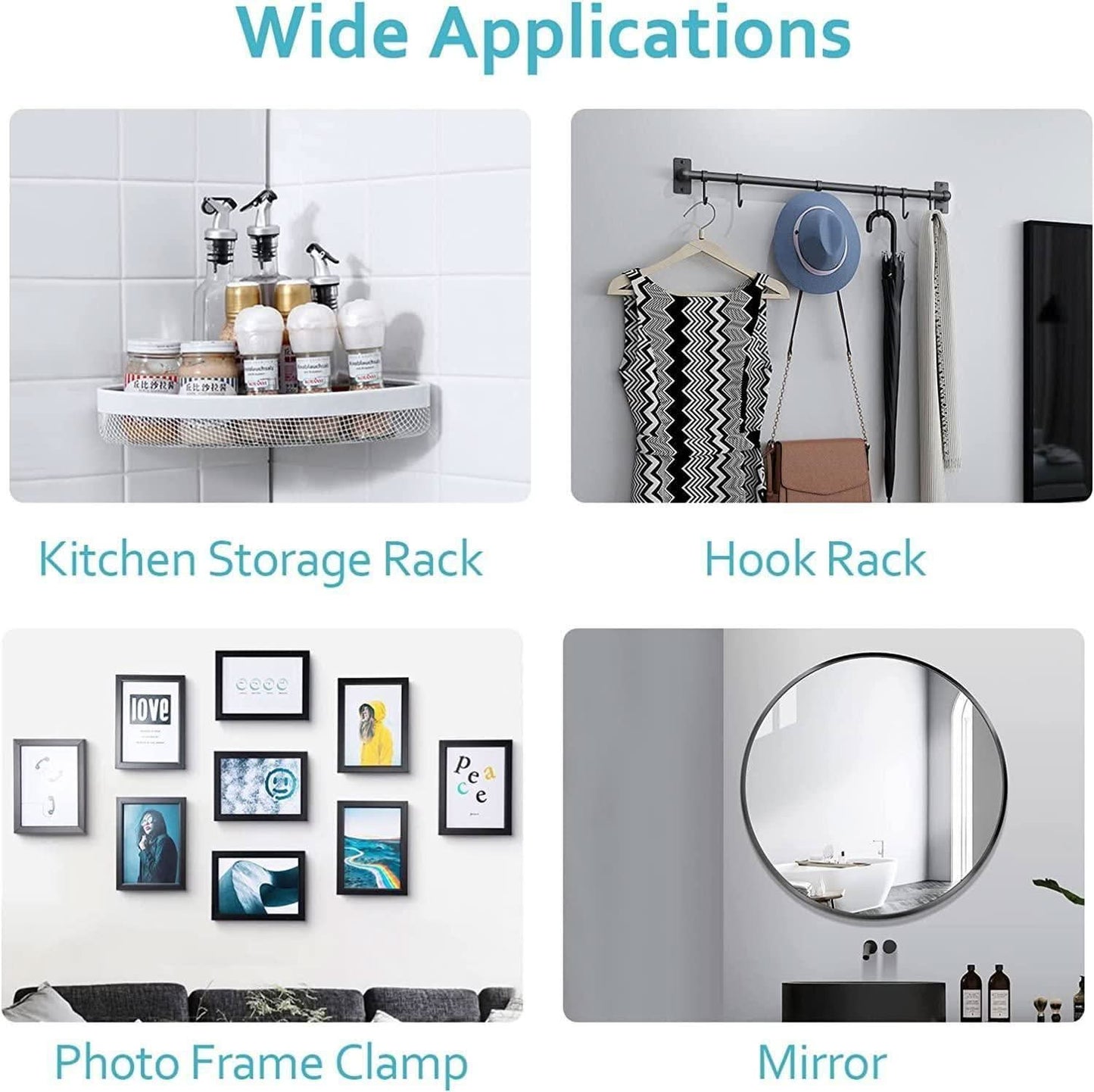 Heavy duty self-adhesive hooks for secure and durable hanging solutions in home and office settings.