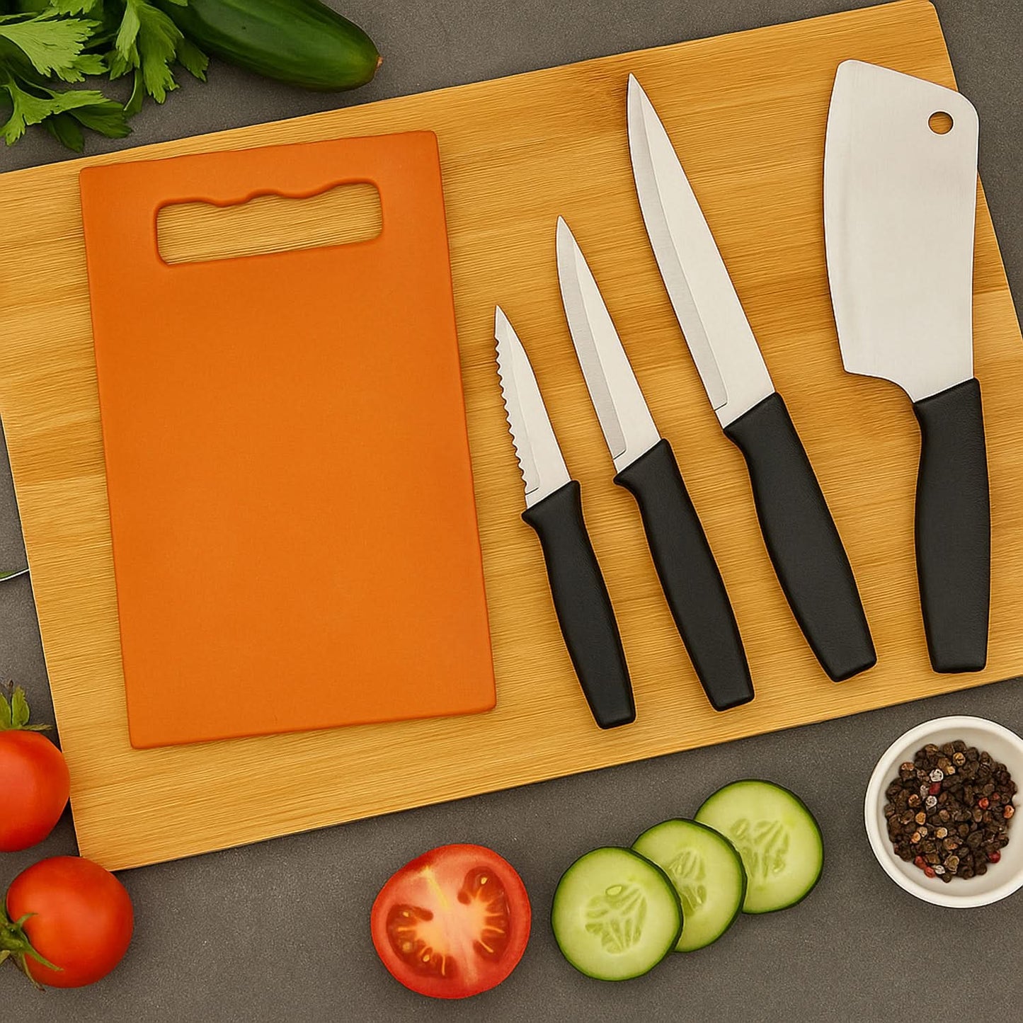 CutMaster Pro  Stainless Steel Knife Set (5-Piece) with Plastic Chopping Board | Kitchen Cutting Tools for Fruits, Vegetables & Meat.