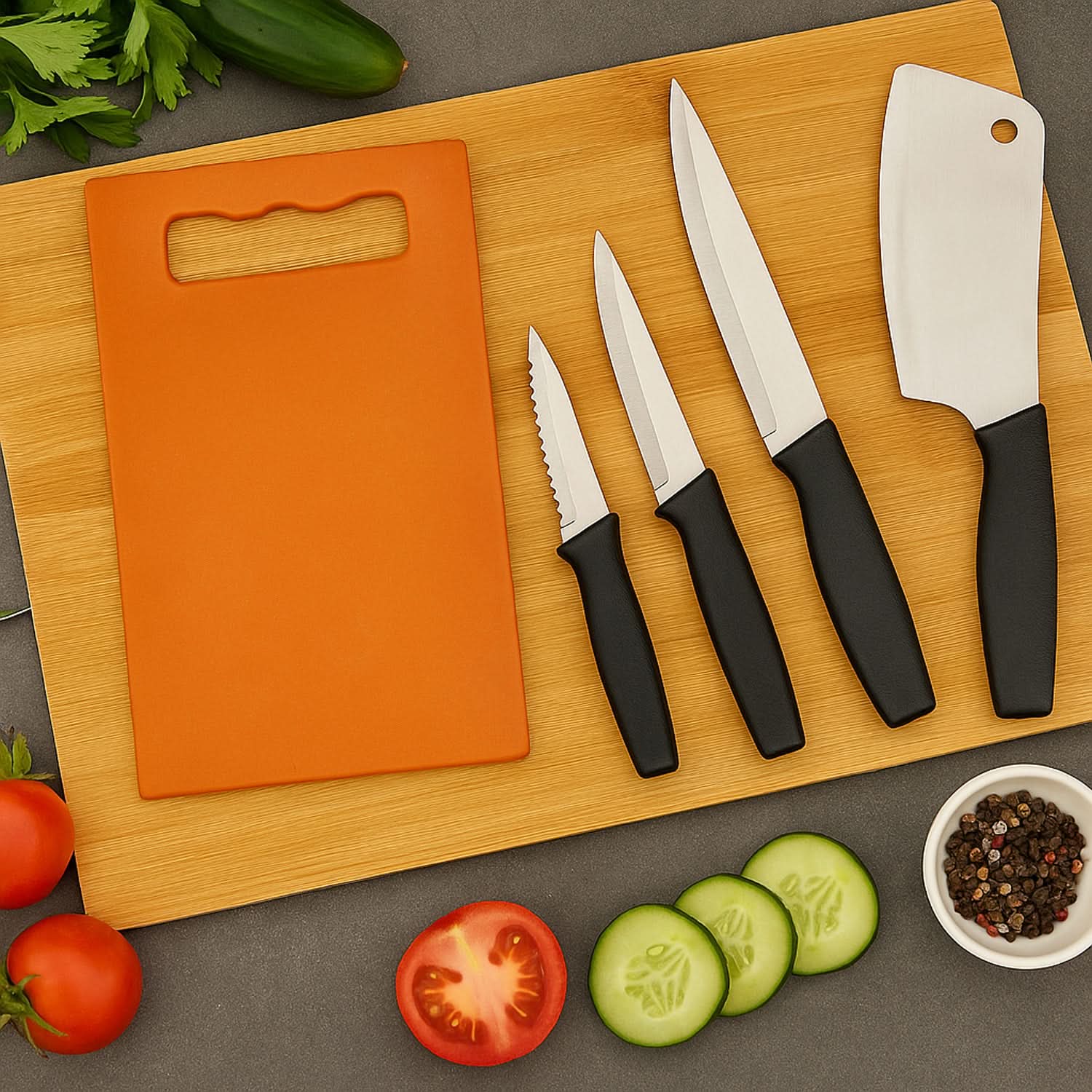 CutMaster Pro  Stainless Steel Knife Set (5-Piece) with Plastic Chopping Board | Kitchen Cutting Tools for Fruits, Vegetables & Meat.