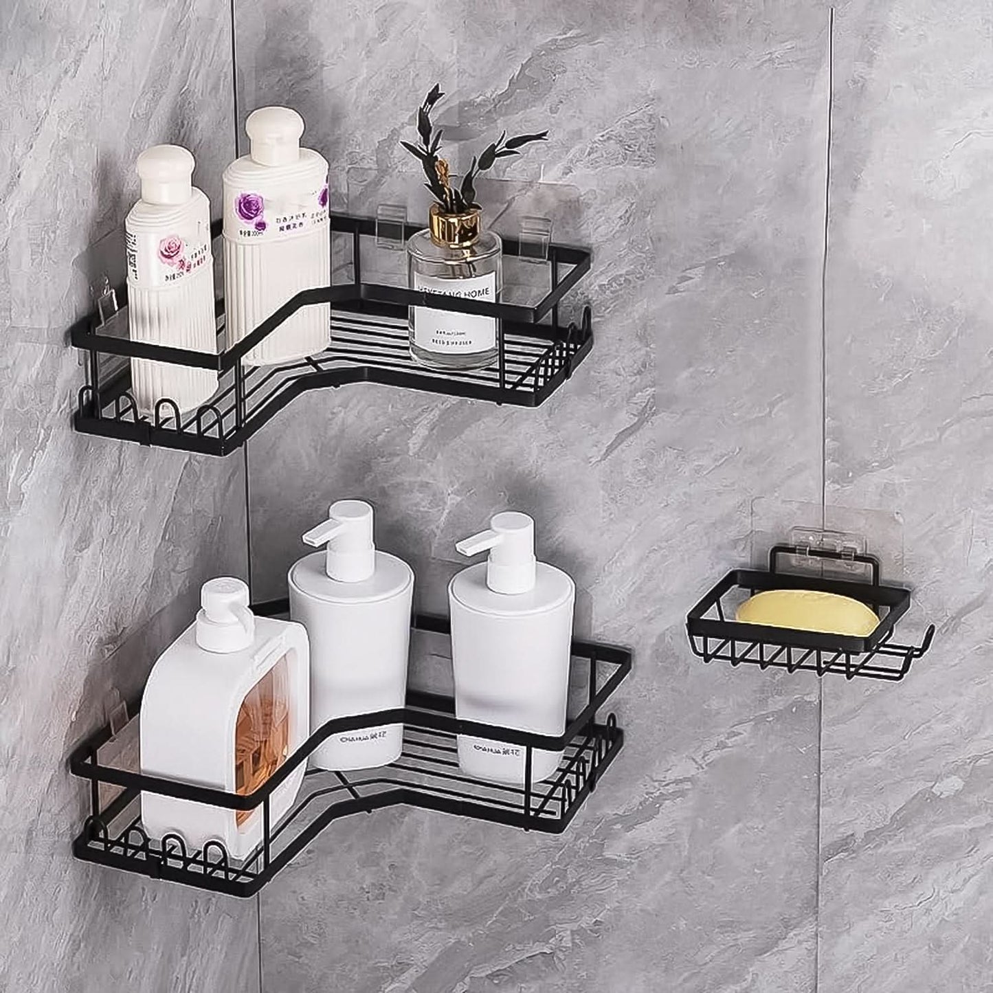 CornerMax Duo - Rustproof Iron Coating Self-Adhesive Shower/Kitchen Corner Shelf Organizer Set (2 Pack, 30lb Load).