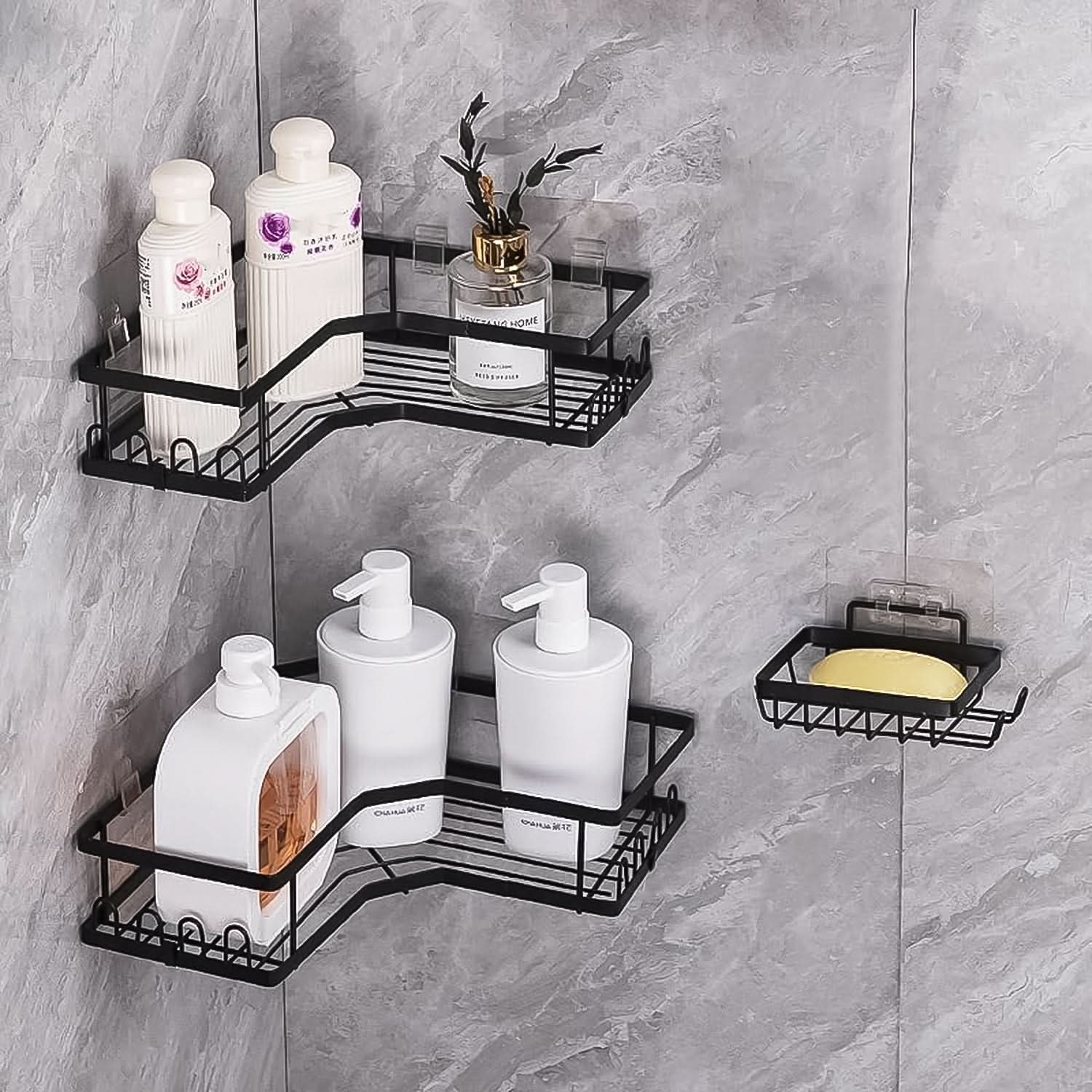 CornerMax Duo - Rustproof Iron Coating Self-Adhesive Shower/Kitchen Corner Shelf Organizer Set (2 Pack, 30lb Load).