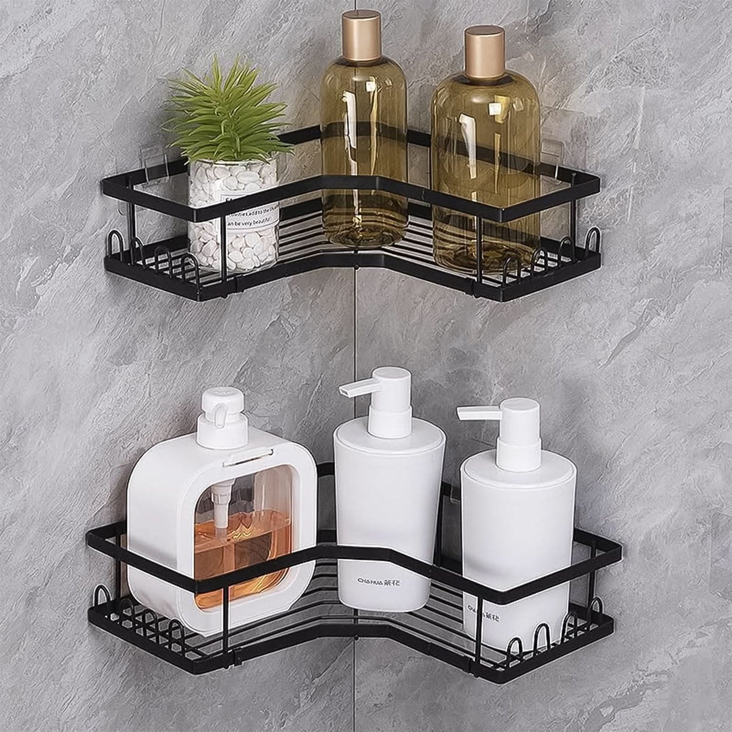 CornerMax Duo - Rustproof Iron Coating Self-Adhesive Shower/Kitchen Corner Shelf Organizer Set (2 Pack, 30lb Load).
